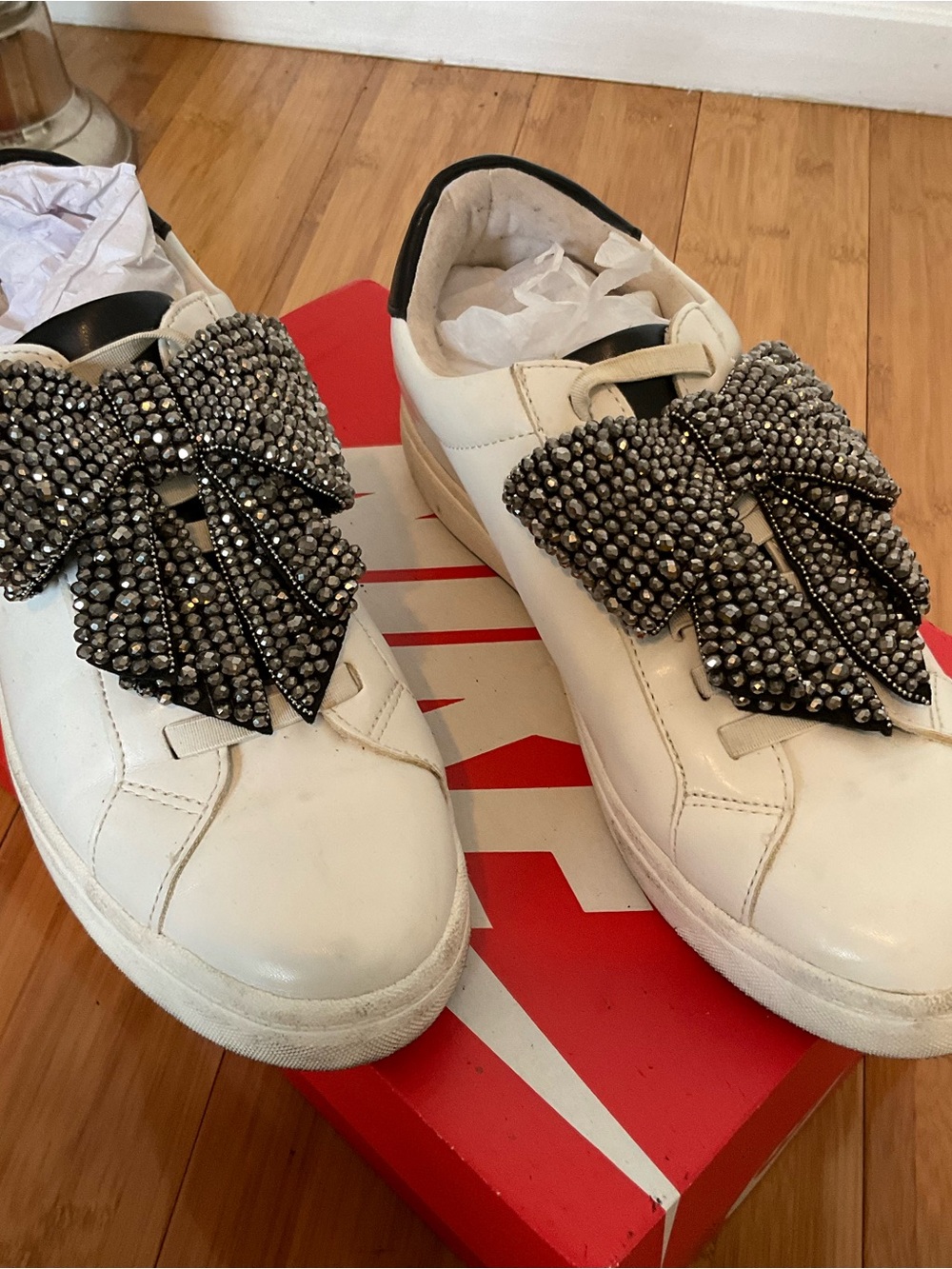 INC International Concepts White Sneakers with Gunmetal Beaded Bow Accents